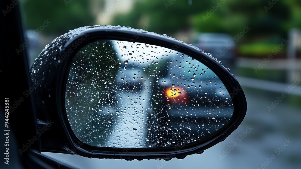 Raindrops trickle down a car's side mirror, blurring the view on a rainy day. As the raindrops slide down, they create a mesmerizing effect, obscuring the surroundings
