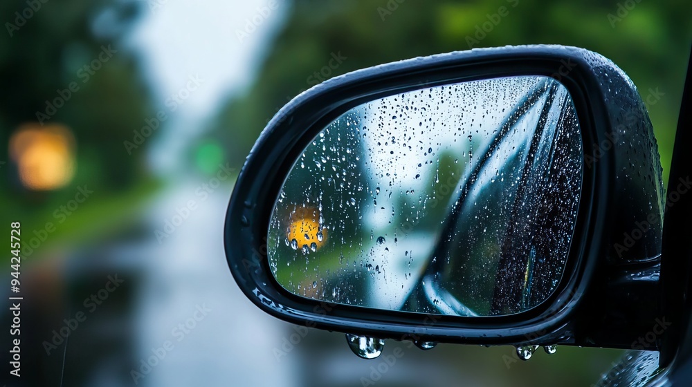 Raindrops trickle down a car's side mirror, blurring the view on a rainy day. As the raindrops slide down, they create a mesmerizing effect, obscuring the surroundings Raindrops trickle down a car's side mirror, blurring the view on a rainy day. As the raindrops slide down, they create a mesmerizing effect, obscuring the surroundings