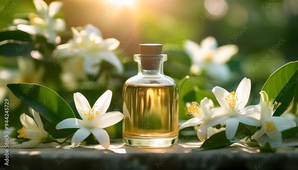 Neroli essential oil in a delicate glass bottle, surrounded by blooming Neroli essential oil in a delicate glass bottle, surrounded by blooming