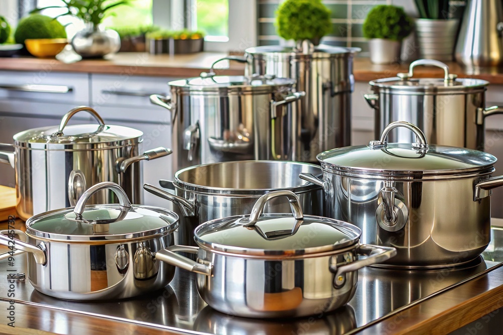 Shiny stainless steel cookware sets, including saucepans, Dutch ovens, and lids, arranged neatly on a clean kitchen counter, ready for cooking and culinary creativity. Shiny stainless steel cookware sets, including saucepans, Dutch ovens, and lids, arranged neatly on a clean kitchen counter, ready for cooking and culinary creativity.