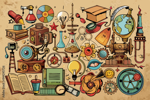 A sketch-filled image, showcasing intricate vintage drawings of various inventions and scientific concepts on a worn paper background