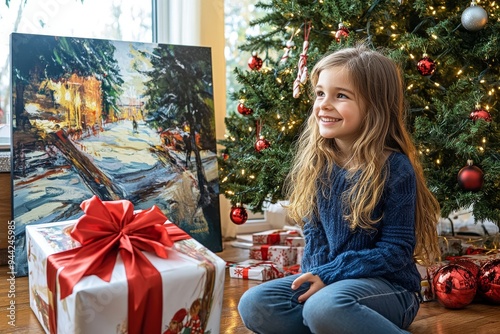 A young girl smiles as she waits in anticipation for a large Christmas gift near the Christmas tree