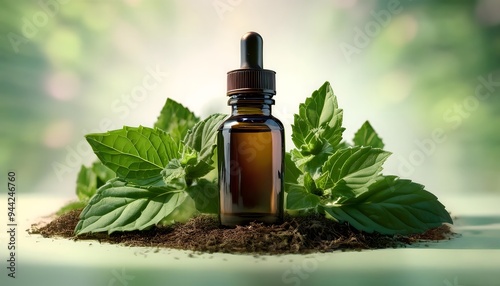  patchouli essential oil in a dark glass bottle