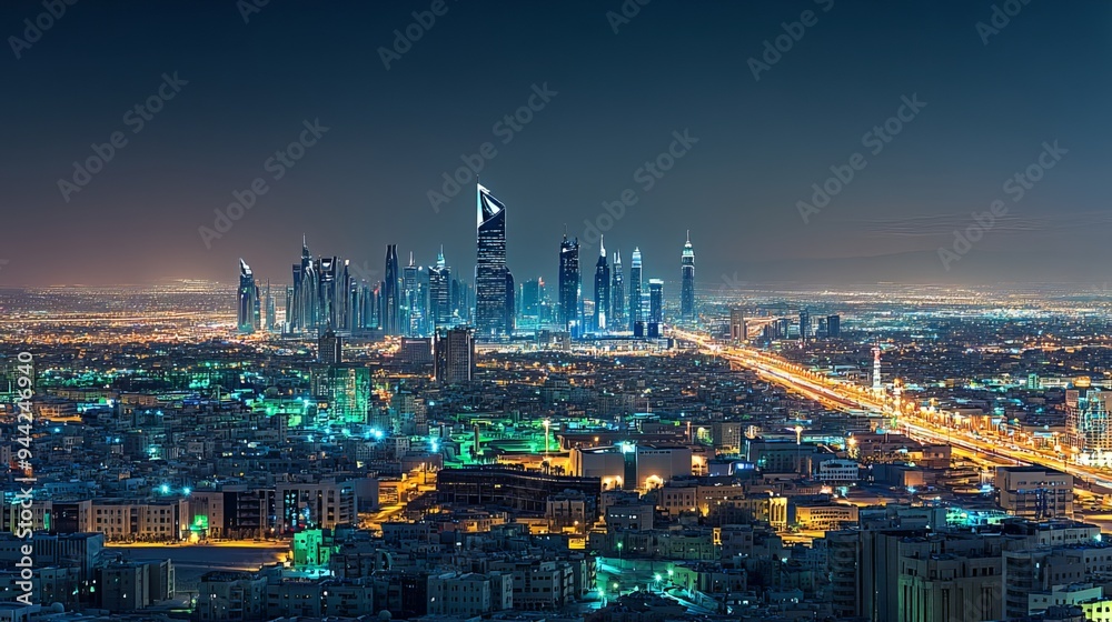 Obraz premium Riyadh, Saudi Arabia's capital, boasts a captivating skyline illuminated by the iconic Kingdom Center, Kingdom Tower, and Riyadh Tower, creating a breathtaking cityscape at night. 