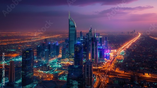 Riyadh, Saudi Arabia's capital, boasts a captivating skyline illuminated by the iconic Kingdom Center, Kingdom Tower, and Riyadh Tower, creating a breathtaking cityscape at night.  photo