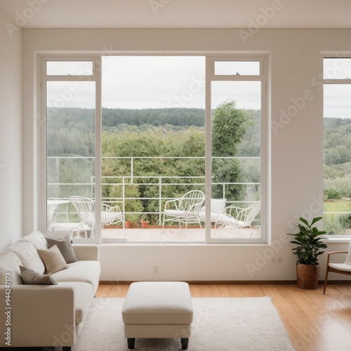 A large living room with a white couch and a white ottoman. A potted plant is on the floor next to the couch. The room has a clean and minimalist look