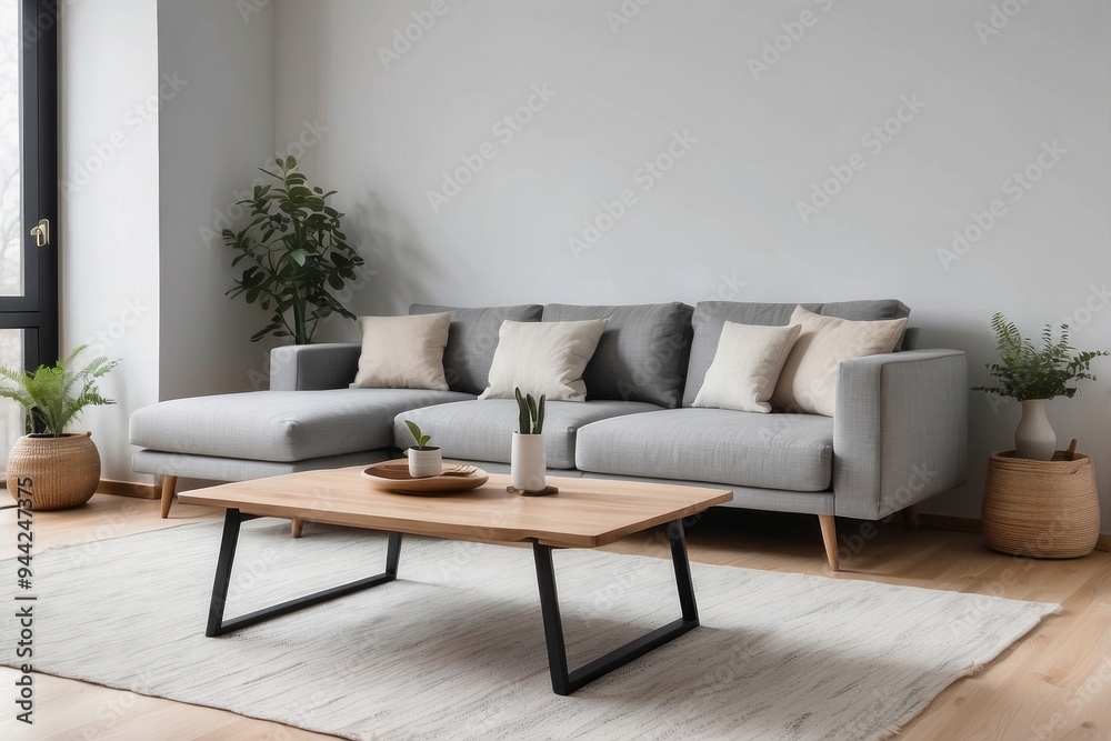 Modern Living Room with Gray Sectional Sofa and Wooden Coffee Table Modern Living Room with Gray Sectional Sofa and Wooden Coffee Table