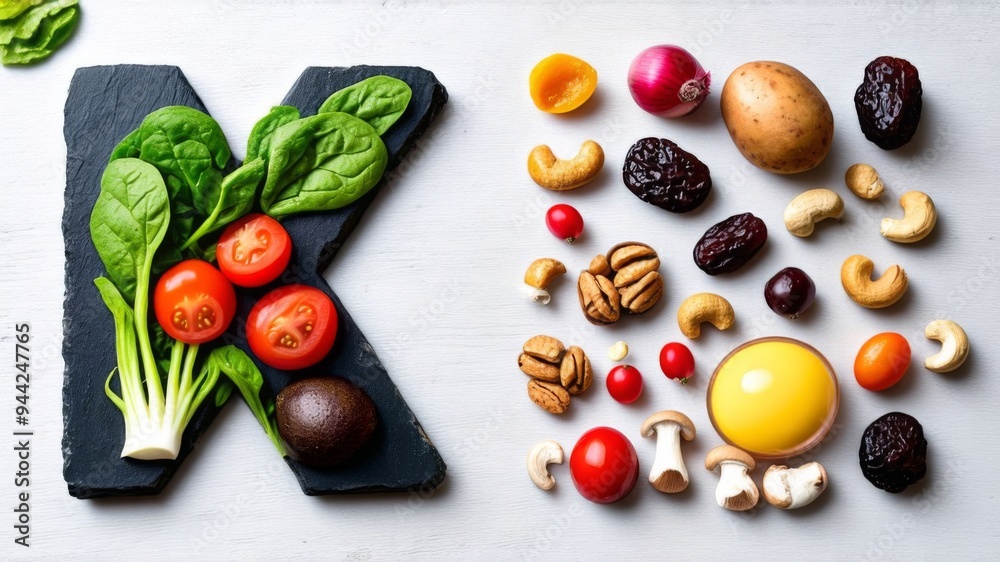 Vitamin K in nutrition concept. Letter K with fresh salad, tomatoes, soybeans, spinach, meat, radishes, dried apricots, cashews, peas, prunes, avocado, eggs, banana, potatoes, mushrooms Vitamin K in nutrition concept. Letter K with fresh salad, tomatoes, soybeans, spinach, meat, radishes, dried apricots, cashews, peas, prunes, avocado, eggs, banana, potatoes, mushrooms