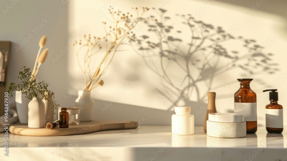 Natural Skincare Products with Plants on a Sunlit Table Natural Skincare Products with Plants on a Sunlit Table
