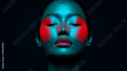 Asian Face Profile in Blue and Red Lines