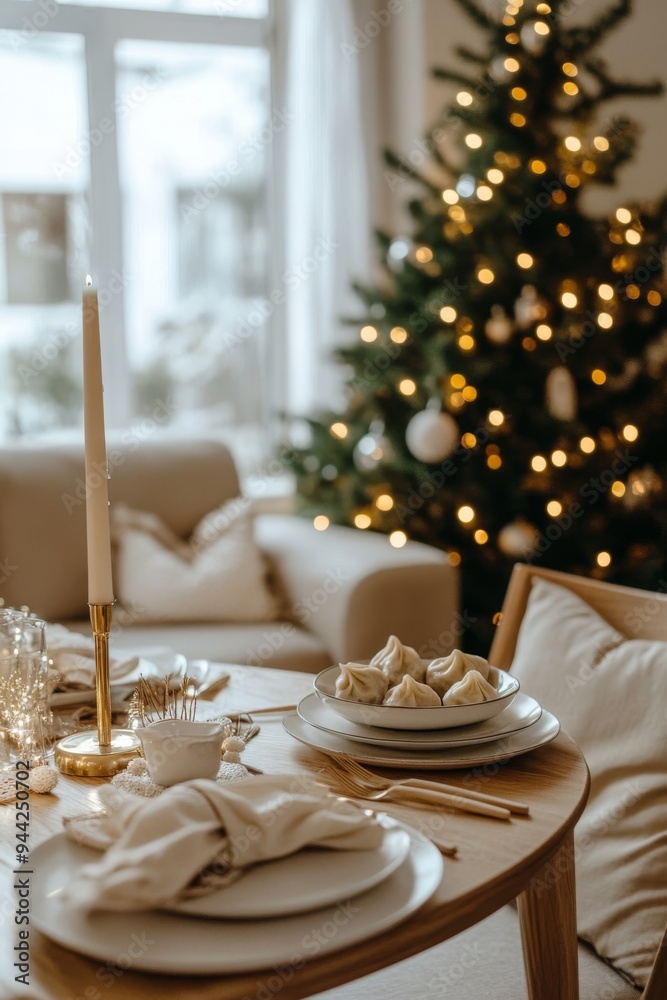 With a view of the Christmas tree, a brown color table was served With a view of the Christmas tree, a brown color table was served