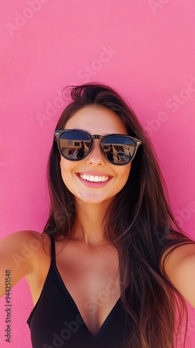 Portrait of beautiful young woman taking selfie. Beautiful and attractive young woman in stylish clothes sunglasses smiling taking selfie on pink background