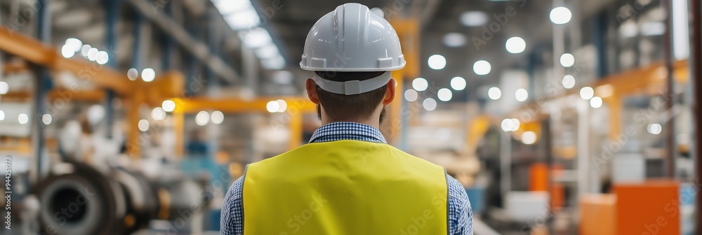 Fototapeta premium A person wearing a white hard hat and yellow vest standing in an industrial factory environment.