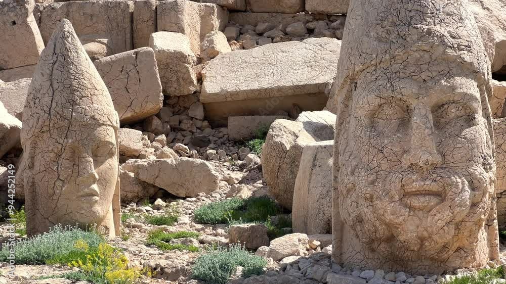 Turkey, Adiyaman, May 3, 2024: ruins at the top of Mount Nemrut. Destroyed ancient statues in the Taurus Mountains. Ancient stone heads on top of Mount Nemrut. 4К Turkey, Adiyaman, May 3, 2024: ruins at the top of Mount Nemrut. Destroyed ancient statues in the Taurus Mountains. Ancient stone heads on top of Mount Nemrut. 4К
