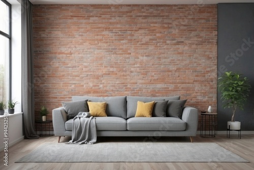 Gray Sofa with Yellow Pillows in Front of a Brick Wall