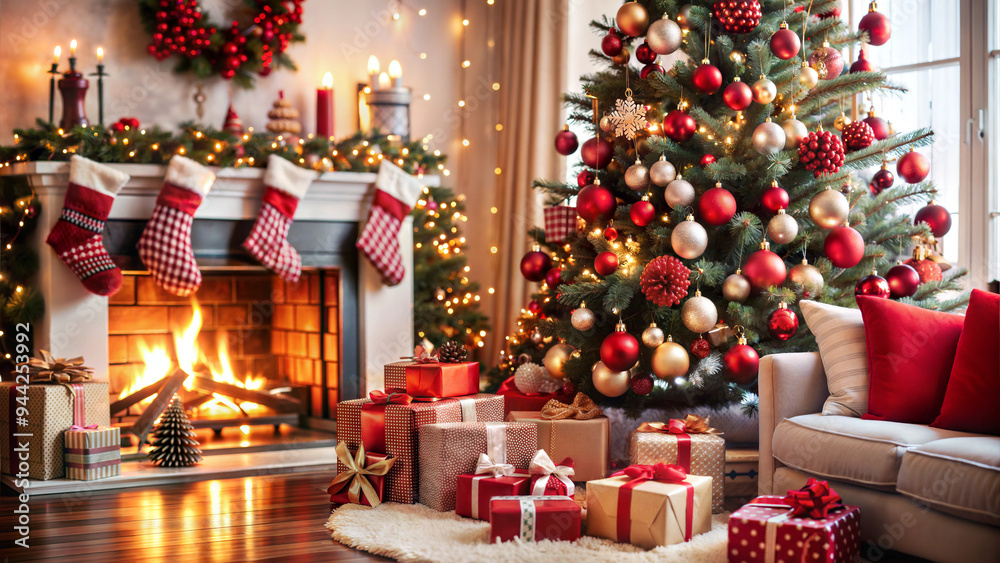 Obraz premium Christmas Tree with Stockings by the Fireplace in a Cozy Holiday Setting