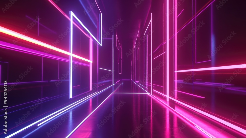 3D rendering of an abstract minimalist background featuring vibrant glowing neon lines and geometric shapes creating a modern technological wallpaper