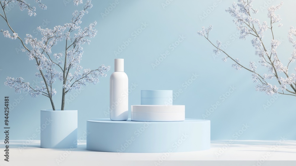 3D rendering of an empty product display background for cosmetic creams featuring a contemporary blue pastel podium setup 3D rendering of an empty product display background for cosmetic creams featuring a contemporary blue pastel podium setup
