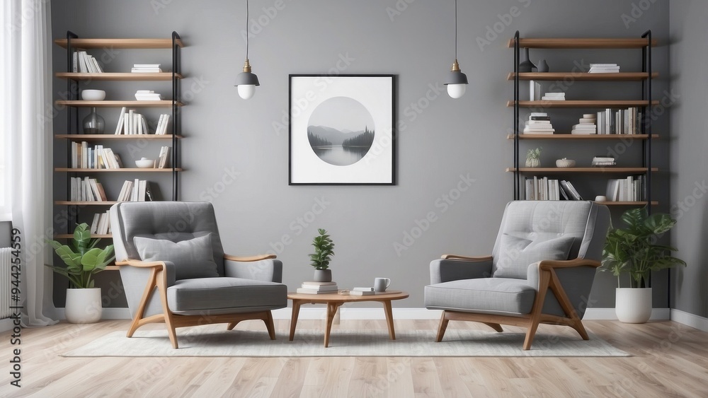Fototapeta premium Modern living room with two grey armchairs, bookshelves, and a framed picture.