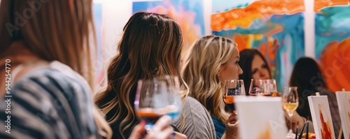 Woman smiling at painting night with wine and friends