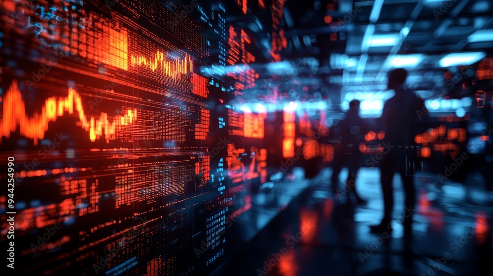 A virtual stock market exchange, with investors using holograms and digital interfaces to buy and sell stocks, 3D illustration A virtual stock market exchange, with investors using holograms and digital interfaces to buy and sell stocks, 3D illustration