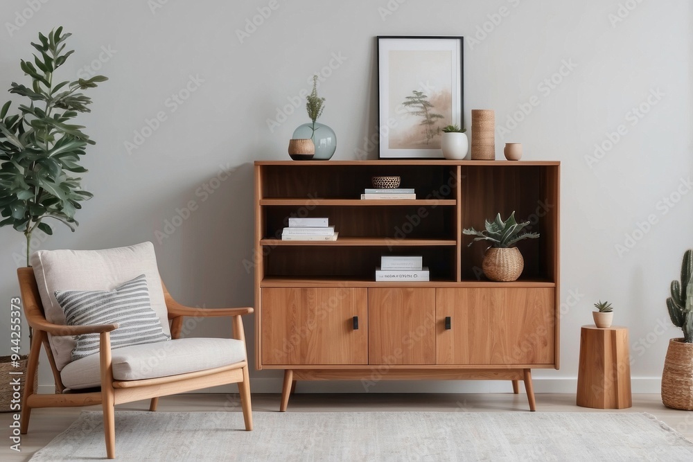 Mid-Century Modern Living Room with Wooden Cabinet, Armchair, and Plants Mid-Century Modern Living Room with Wooden Cabinet, Armchair, and Plants