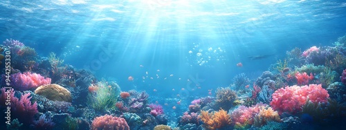 Underwater coral reef with colorful fish and sea life, a vibrant marine landscape. An ocean underwater scene with sunlight filtering through the water