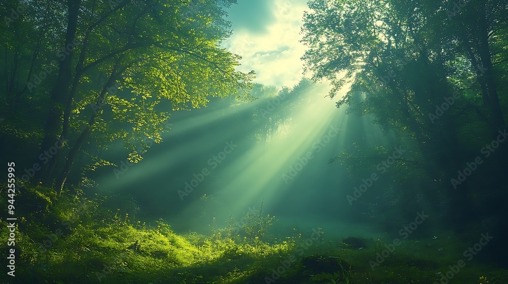 Sunbeams piercing through the dense canopy of a lush green forest. Sunbeams piercing through the dense canopy of a lush green forest.