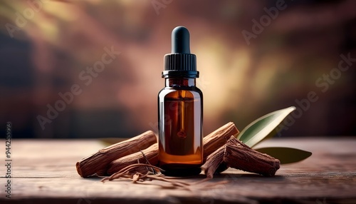 sandalwood essential oil in a dark glass bottle