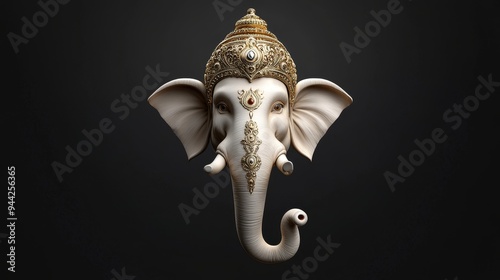 A 3D  of Lord Ganesha, the Hindu deity of wisdom, prosperity, and new beginnings. The intricate details of his crown and ornaments, his gentle gaze and trunk, symbolize wisdom, auspiciousness, and ove photo