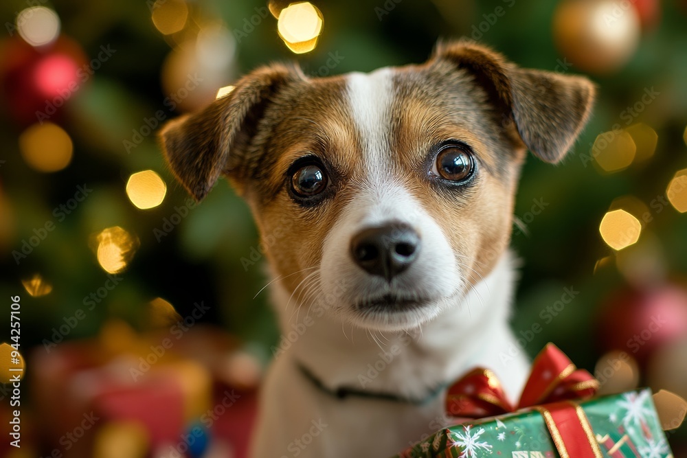 At home, a Jack Russell Terrier dog stands near gift boxes on Christmas At home, a Jack Russell Terrier dog stands near gift boxes on Christmas