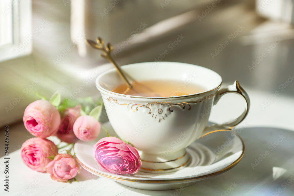A cup of aromatic tea, a book and a rose on the table. A cup of aromatic tea, a book and a rose on the table.