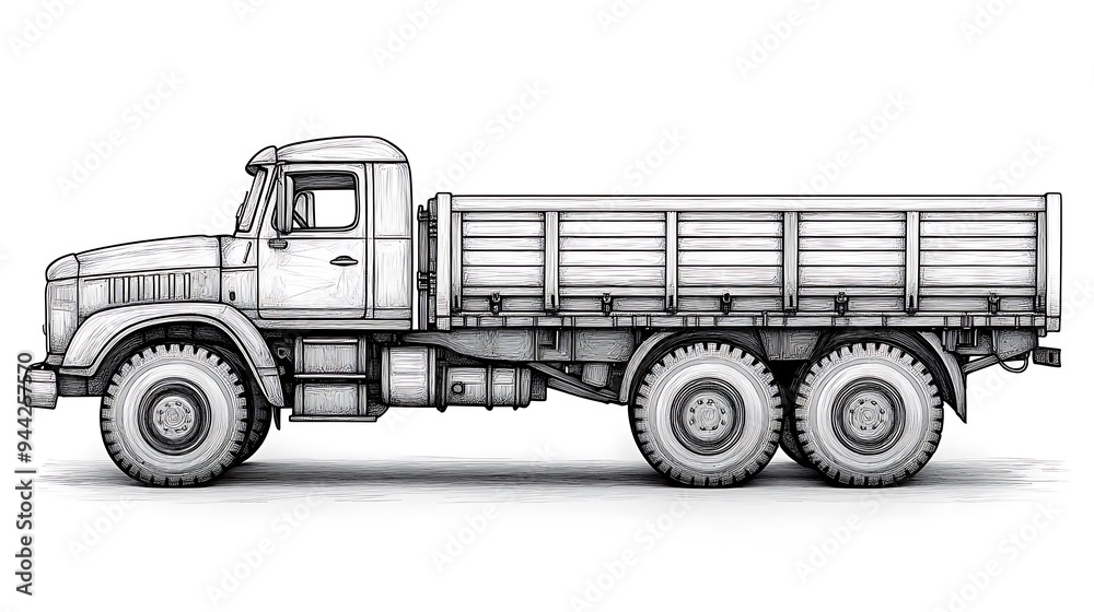 Fototapeta premium Sketch of a large truck with a flatbed, drawn in pencil on a white background.