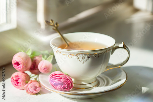A cup of aromatic tea, a book and a rose on the table.