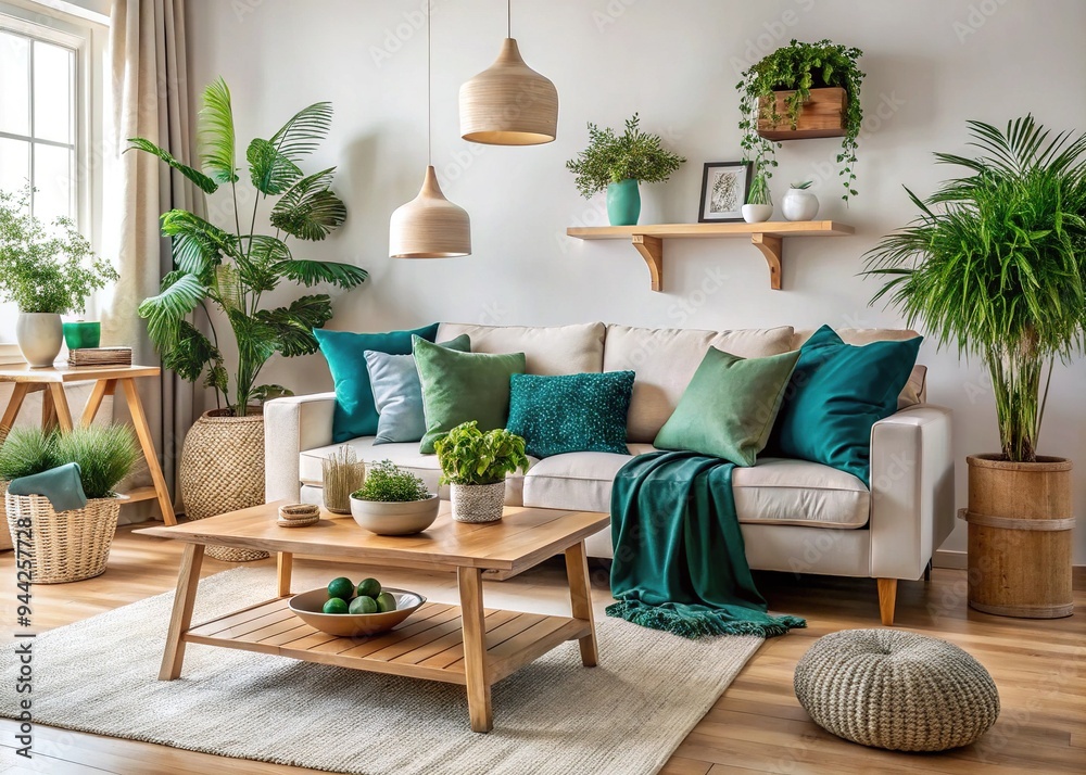 Obraz premium Soothing teal throw pillows adorn a cozy living room with natural wood accents, lush greenery, and creamy whites, exuding warmth and inviting relaxation.