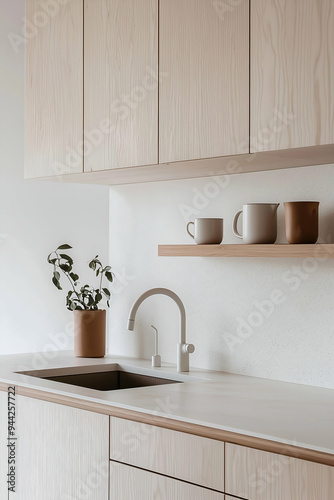 Minimalist Kitchen Design with Natural Wood Cabinets and Clean Lines