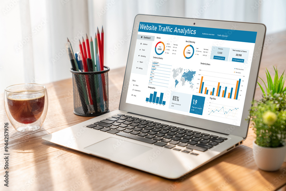Fototapeta premium Computer software for website traffic analytics data on computer screen. Concept of SEO search engine optimization and customer targeting for online business snugly