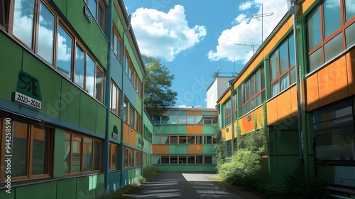 The building is green and orange, with elements of current feminist art, viennese actionism, and the Pont-Aven School. It is styled as 