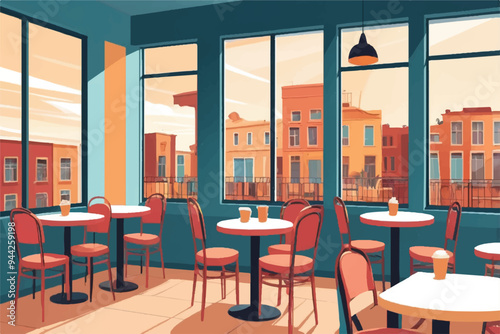 Colored cafe interior with chairs and eating tables in row, window. Empty wall