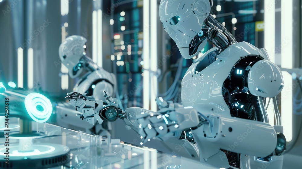 Fototapeta premium Close-up of futuristic robots in a laboratory, interacting with holographic interfaces