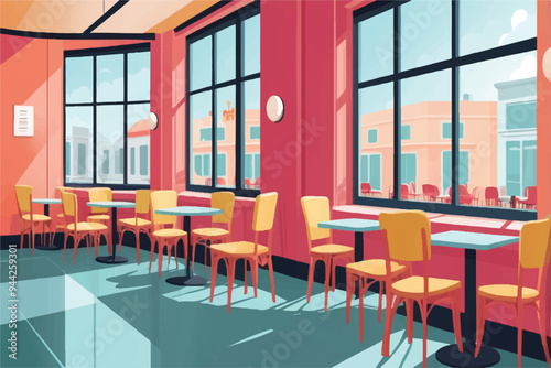 Colored cafe interior with chairs and eating tables in row, window. Empty wall