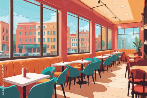 Colored cafe interior with chairs and eating tables in row, window. Empty wall