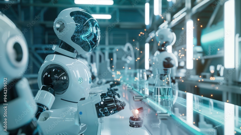 Close-up of futuristic robots in a laboratory, interacting with holographic interfaces Close-up of futuristic robots in a laboratory, interacting with holographic interfaces