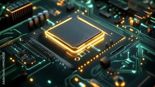 A close-up of a computer processor chip on a circuit board, illuminated by a bright, golden glow. This image symbolizes technological advancement, power, connectivity, and the future of computing.