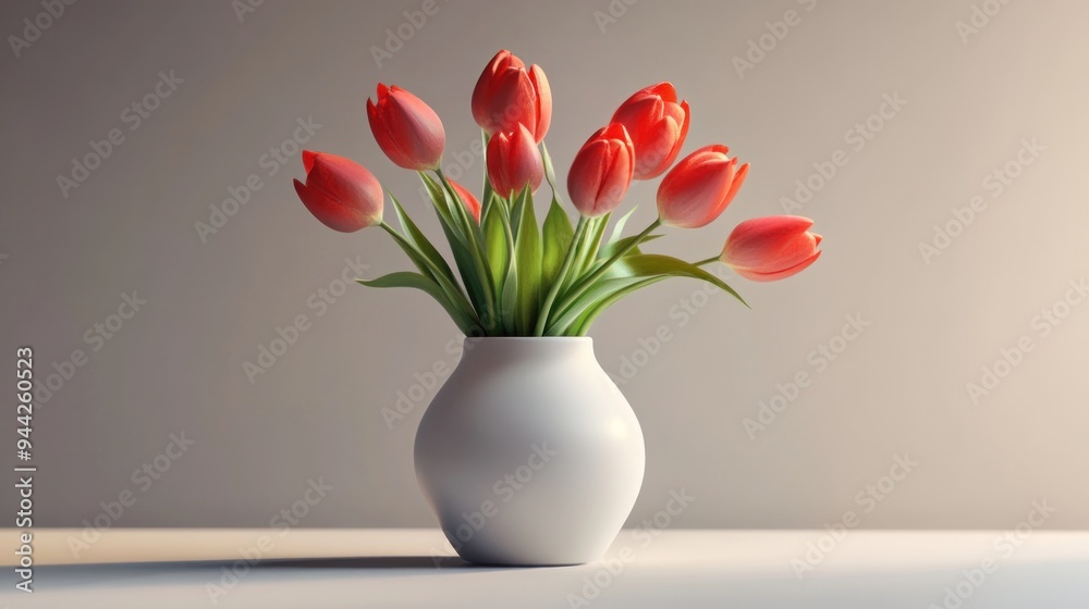 Red Tulips in a White Vase Against a Subtle Background Red Tulips in a White Vase Against a Subtle Background