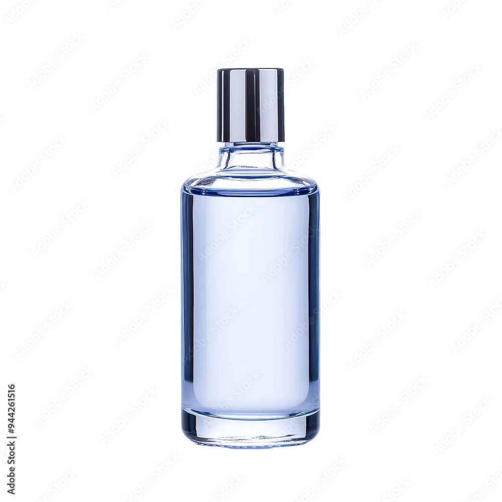 Elegant glass bottle filled with a clear liquid, perfect for showcasing fragrances or essential oils in a modern aesthetic isolate on transparency background Elegant glass bottle filled with a clear liquid, perfect for showcasing fragrances or essential oils in a modern aesthetic isolate on transparency background
