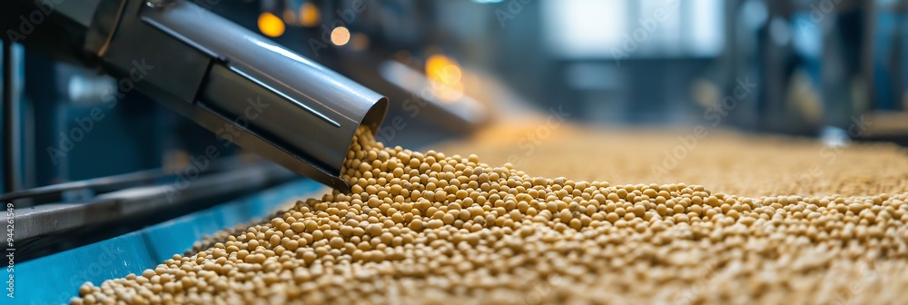 Soybeans being processed on a conveyor belt in a high-tech factory with advanced machinery. Soybeans being processed on a conveyor belt in a high-tech factory with advanced machinery.