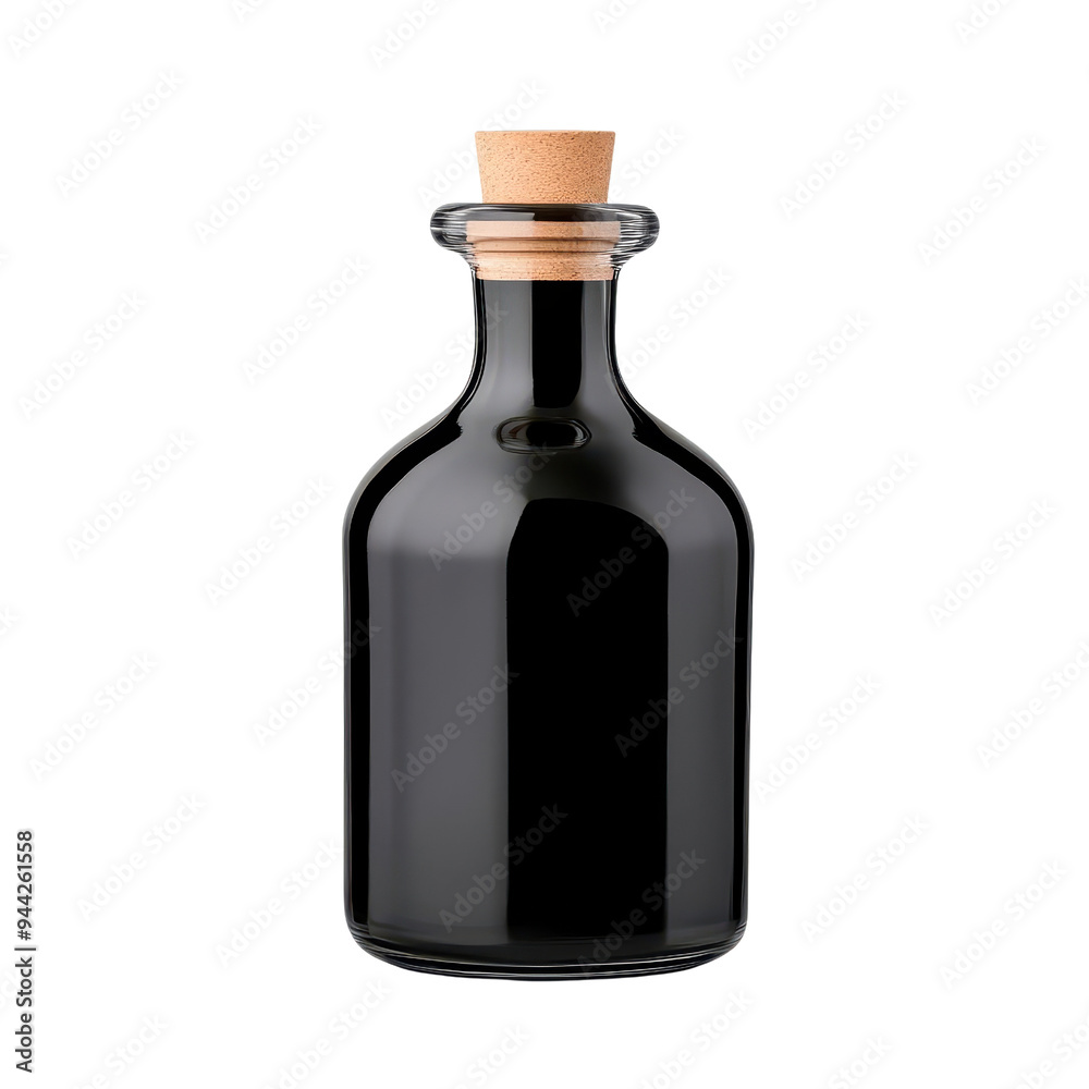 Elegant glass bottle with wooden cork, perfect for storing oils, essences, or liquids in a modern kitchen or styled decor isolate on transparency background Elegant glass bottle with wooden cork, perfect for storing oils, essences, or liquids in a modern kitchen or styled decor isolate on transparency background