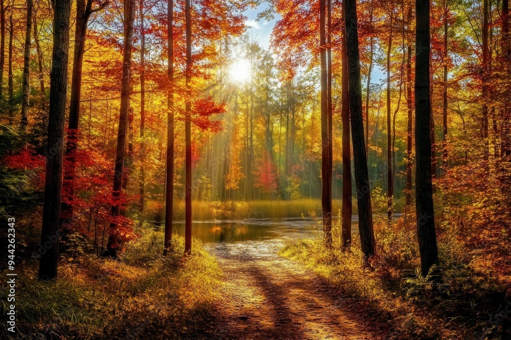 Sunlit Path Through Autumn Forest with Stream Sunlit Path Through Autumn Forest with Stream