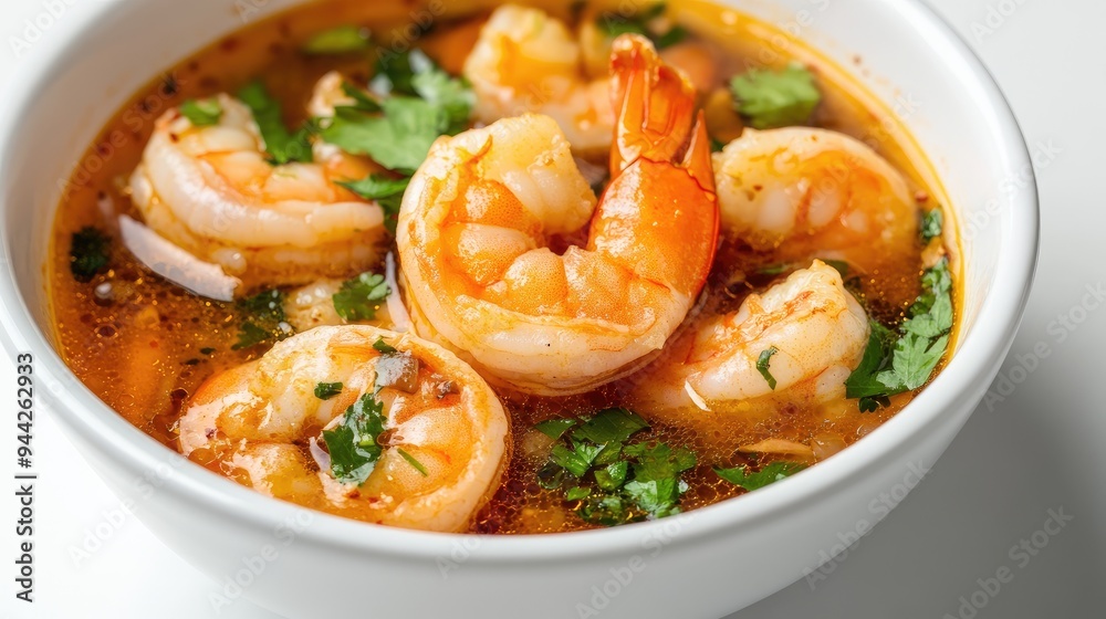 Shrimp Tom Yum close-up, featuring succulent shrimp, aromatic spices, and rich broth, all on a plain white background, no people. Shrimp Tom Yum close-up, featuring succulent shrimp, aromatic spices, and rich broth, all on a plain white background, no people.